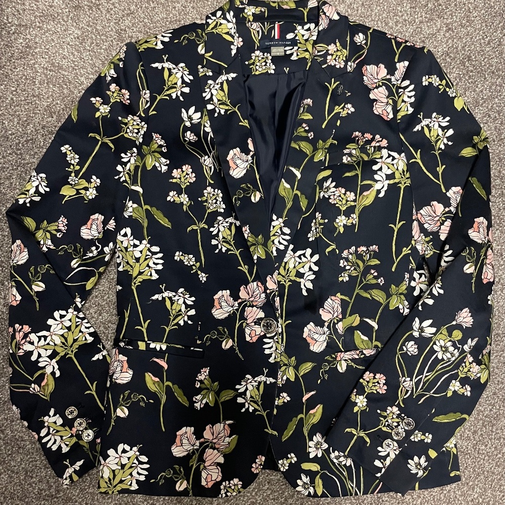 Tommy Hilfiger Women’s 8 Blazer Navy Floral Cotton Gold Buttons Preppy & Classic